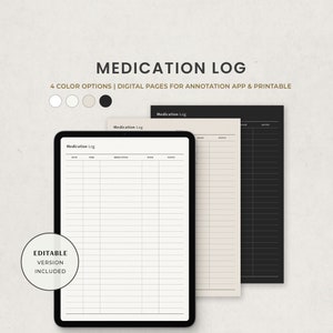 Medicatie Log, Medicine Supplement Tracker Digitale Planner Sjabloon voor Goodnotes op Ipad, Afdrukbare Bewerkbare Vulbare Letter PDF