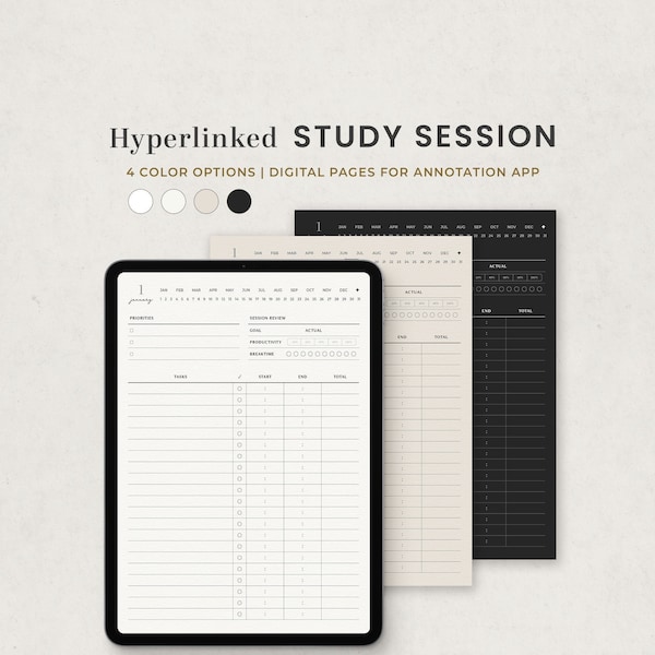 Hyperlinked Study Session, Student Organizer, Time management, Task Tracker Digital Planner Template for Goodnotes on Ipad