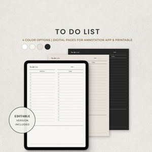 To Do List Digital Planner Template for Ipad Goodnotes, Daily Check List, Personal Work Tasks white beige dark mode Printable PDF