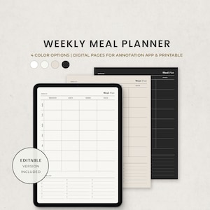 Modelo digital de planejador de refeições, planejador de menu semanal para Ipad Goodnotes Notability, lista de compras, carta para impressão em PDF