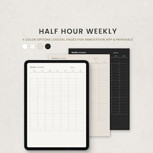 Half Hour Weekly Schedule, Study Digital Planner Template for Goodnotes on Ipad, Tablet Planner, Printable Letter PDF