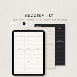 Puede incluir: Una plantilla de lista de la compra digital con cuatro opciones de color: blanco, beige, negro y gris. La plantilla está dividida en categorías como productos frescos, carne, congelador, lácteos, panadería, bebidas, hogar y otros. La plantilla está diseñada para su uso en aplicaciones de anotación y es imprimible.