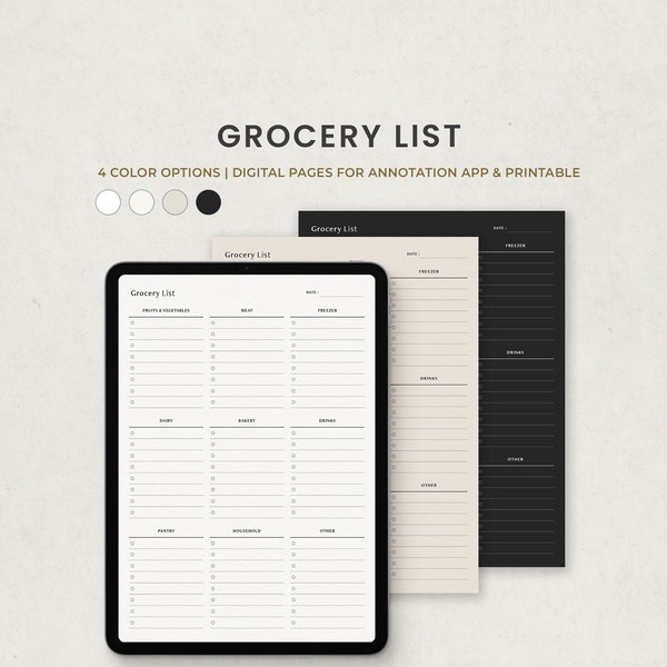 Grocery List, Shopping List, Meal Plan Checklist Digital Planner Template for Goodnotes on Ipad, Printable Editable Letter PDF