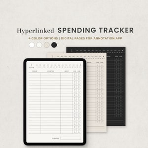 May include: A digital spending tracker template with four color options: white, beige, gray, and black. The template includes a calendar, category, description, amount, cash, and card columns. The text "Hyperlinked SPENDING TRACKER" and "4 COLOR OPTIONS | DIGITAL PAGES FOR ANNOTATION APP" is at the top of the image.