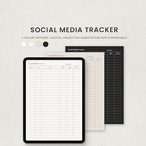 Può includere: Quattro pagine stampabili di tracciamento dei social media in nero, bianco, grigio e beige. Ogni pagina ha colonne per data, ora, post, visualizzazioni, mi piace e note.
