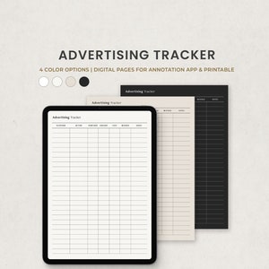 May include: A digital printable advertising tracker with four colour options. The tracker has columns for platform, date, start date, end date, cost, revenue, and notes.