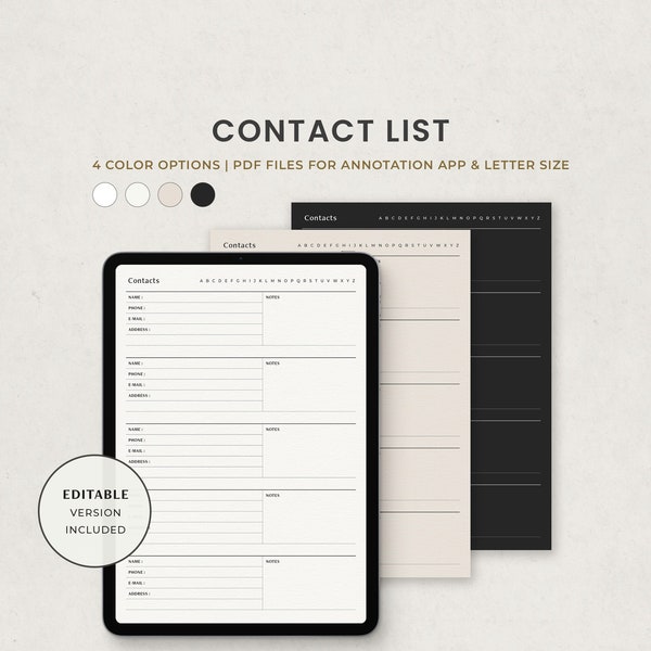 Contact List Digital Template, Address Tracker, Address Book, E-mail Contacts Log Template for Goodnotes on Ipad, Printable Letter PDF
