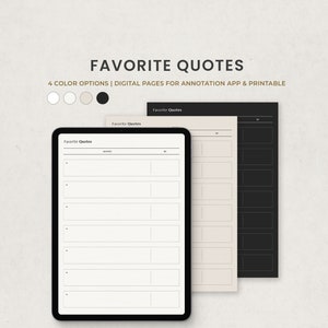 Citas favoritas, Diario de citas, Registro de citas inspirador Plantilla de planificador digital para Goodnotes en Ipad, PDF de carta imprimible, modo oscuro