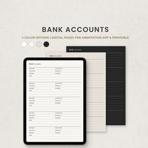 Plantilla de planificador digital de seguimiento de información de cuenta bancaria para Goodnotes en Ipad, PDF de carta imprimible, páginas digitales en modo oscuro beige