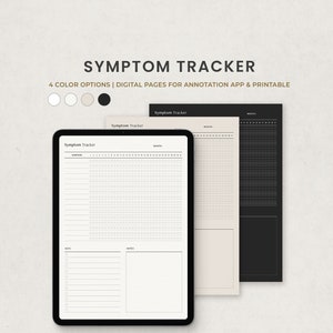 May include: A digital printable symptom tracker with four colour options: white, beige, black, and grey. The tracker includes a grid for recording symptoms, a section for notes, and a key for marking symptoms.