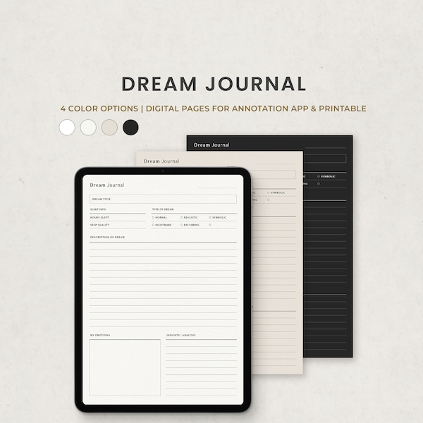 Dream Journal imprimable, Daily Dream Tracker, Journal numérique de la qualité du sommeil pour Goodnotes Ipad, Notability PDF