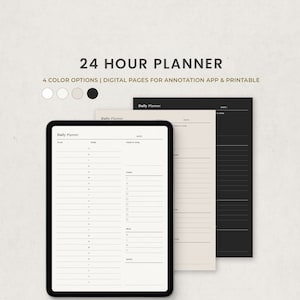 May include: A digital planner template for a 24-hour day. The template is divided into sections for planning, tasks, meals, and notes. The template is available in four color options: white, beige, black, and gray.