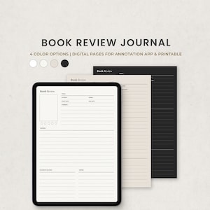 Book Review Journal, Reading Digital Planner Template for Goodnotes su Ipad, PDF lettera stampabile, Beige scuro Minimal Pages