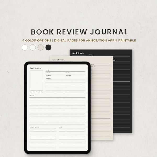 Book Review Journal, Reading Digital Planner Template for Goodnotes on Ipad, Printable Letter PDF, Beige Dark Minimal Pages