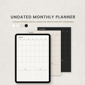 Planificador mensual Plantilla de planificador digital sin fecha para iPad de Goodnotes, calendario mensual