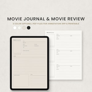 Plantilla de planificador digital de reseñas de películas y diarios de películas para Goodnotes en Ipad, PDF de carta imprimible, páginas digitales oscuras beige mínimas