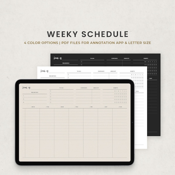 Weekly Schedule, Weekly Hourly Planner, Weekly Digital Template for Ipad Goodnotes, Week at a Glance, White Beige Dark Minimal Paper Texture
