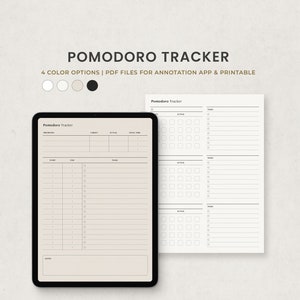 May include: A digital planner template for a Pomodoro Tracker. The template is designed to help users track their work sessions and breaks. The template includes sections for priorities, tasks, start and end times, actual time, total time, and notes. The template is available in four colour options.