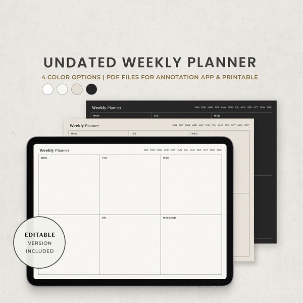 Weekly Planner Undated Digital Planner Template for Goodnotes Ipad, Week at a Glance, Printable Editable Fillable Minimal Digital Pages