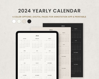 Calendrier annuel 2024, aperçu de l'année 2024, aperçu annuel, modèle d'agenda numérique pour Ipad Goodnotes, PDF imprimable