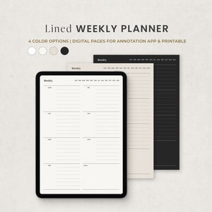 Pode incluir: Um planejador semanal digital com quatro opções de cores: branco, cinza claro, bege e preto. O planejador tem um design simples com seções com linhas para cada dia da semana e uma seção de notas. O texto "Weekly" aparece no topo do planejador.