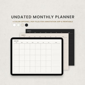 May include: Undated monthly planner with four color options. The planner is displayed on a tablet screen and shows the month of January. The planner has a simple design with a grid layout for each day of the month. The planner also includes a notes section on the right side of the page.
