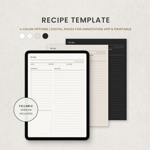 Recipe Book Editable Printable, Digital Recipe Template Printable PDF, Recipe Cards for Goodnotes Ipad