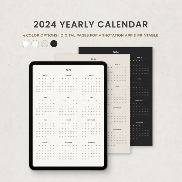 2024 Yearly Calendar, 2024 Year At A Glance, Yearly Overview, Digital Planner Template for Goodnotes Ipad, Printable PDF