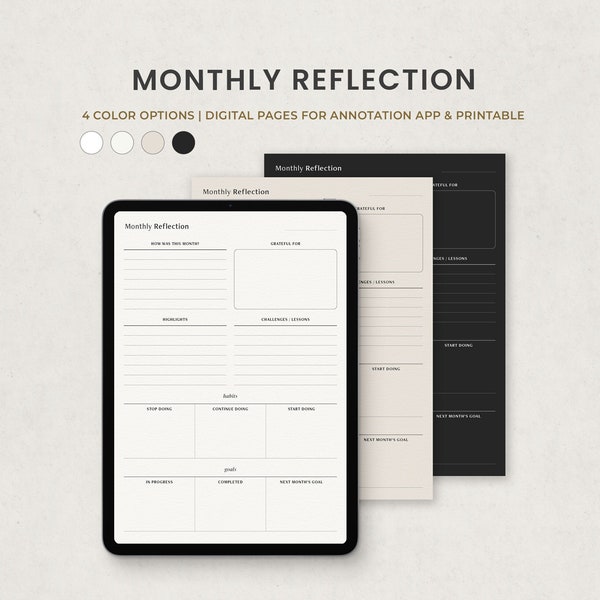 Monthly Reflection Journal, Digital Monthly Review Page, Goodnotes Template Printable PDF