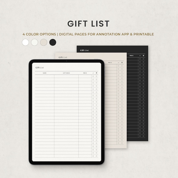 Geschenkliste druckbare, digitale Geschenkliste, Geschenk Planer Vorlage für Goodnotes iPad PDF