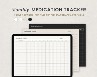 May include: A digital tablet displaying a monthly medication tracker with a grid layout. The tracker has a header labeled "Medication Tracker" and columns for each day of the month. The tablet is on a white background.