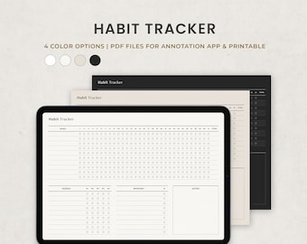 May include: A digital planner template for habit tracking. The template includes daily, weekly, and monthly sections for tracking habits, as well as a notes section. The template is available in four color options and is designed for use with annotation apps or for printing.