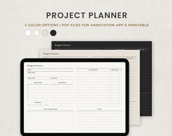 Puede incluir: Una plantilla de planificador de proyectos digital con secciones para título, objetivos, fecha de inicio, fecha de vencimiento, hitos, recursos, pasos de acción, fecha límite, progreso, ideas y notas. La plantilla está disponible en cuatro opciones de color y se puede utilizar para anotaciones o impresión.