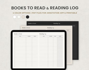 Puede incluir: Un registro de lectura digital y un rastreador de libros con el texto "BOOKS TO READ & READING LOG". La imagen muestra una tableta que muestra un registro de lectura, con dos opciones de color adicionales en negro y beige. El texto también menciona "4 COLOR OPTIONS | PDF FILES FOR ANNOTATION APP & PRINTABLE".