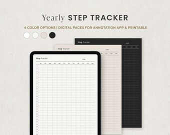 May include: A digital planner page for tracking steps taken each day of the year. The page is divided into a grid with columns for each month and rows for each day. The page is designed to be used with a digital annotation app or printed out.