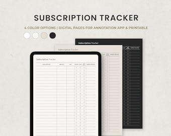 May include: A digital subscription tracker displayed on a tablet, with additional printable pages in beige and black. The text reads "SUBSCRIPTION TRACKER" and "4 COLOR OPTIONS | DIGITAL PAGES FOR ANNOTATION APP & PRINTABLE". The tracker includes sections for subscription, amount, due date, and payment method.