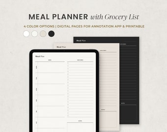 May include: A digital meal planner with a grocery list. The planner has a weekly layout with space for meals, groceries, and notes. The grocery list is on a separate page. The planner is available in four color options: white, light gray, beige, and black.