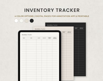 May include: A digital inventory tracker template with four color options: white, light gray, beige, and black. The template includes columns for date, item, in-qty, get-qty, current stock, and need to purchase.