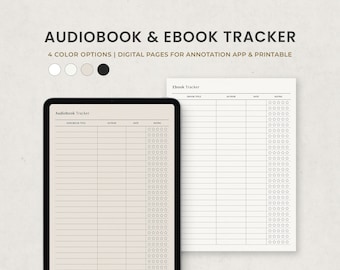 May include: Printable audiobook and ebook tracker with four colour options. The tracker has columns for audiobook title, author, date, and rating. The ebook tracker has columns for ebook title, author, date, and rating.