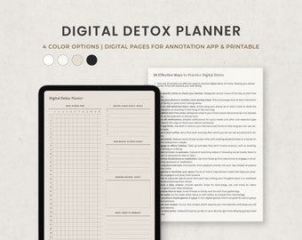 Défi de désintoxication numérique, suivi du temps passé devant l'écran, agenda numérique d'astuces de désintoxication pour Goodnotes, Ipad, PDF imprimable