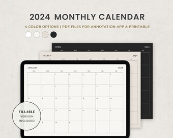 2024 Monthly Calendar Editable Printable Planner, Landscape Monthly Overview Digital Template for Goodnotes on Ipad, US Letter PDF