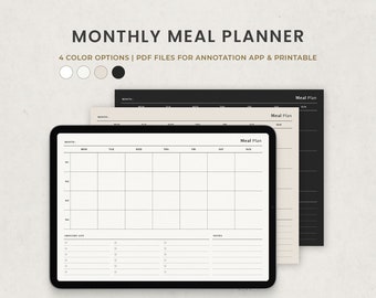 デジタル月間食事プランナーテンプレート 食料品リスト、メニュープラン、毎日の食事ログ、Goodnotes Notability Ipad用