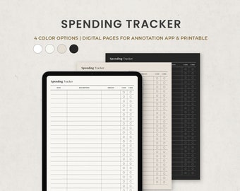 May include: A digital printable spending tracker with four color options: white, light gray, beige, and black. The tracker has columns for date, description, amount, cash, and card.