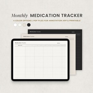 Puede incluir: Una tableta digital que muestra un rastreador de medicamentos mensual con un diseño de cuadrícula. El rastreador tiene un encabezado etiquetado como "Rastreador de medicamentos" y columnas para cada día del mes. La tableta está sobre un fondo blanco.