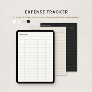 Könnte beinhalten: Eine digitale Ausgaben-Tracker-Vorlage mit vier Farboptionen: Weiß, Hellbeige, Dunkelbeige und Schwarz. Die Vorlage enthält Spalten für Datum, Beschreibung, Kategorie und Betrag.