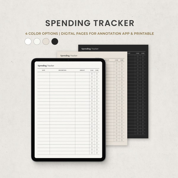 Spending Log, Expense Tracker, Money Tracker, Daily Monthly Digital Template Planner for Ipad Goodnotes, white beige dark mode PDF Printable