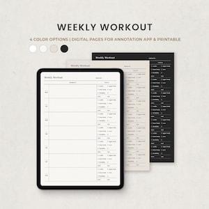 May include: A digital weekly workout planner with a black and white design. The planner includes sections for each day of the week, with space to write in workout details, focus areas, and start and end times.