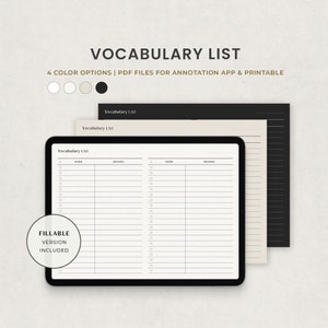 Nota di vocabolario, note di parole, nota di studio per l'apprendimento delle lingue, modello digitale orizzontale per Goodnotes, PDF modificabile per iPad