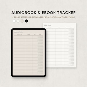 Könnte beinhalten: Druckbarer Audiobook- und E-Book-Tracker mit vier Farboptionen. Der Tracker hat Spalten für Audiobook-Titel, Autor, Datum und Bewertung. Der E-Book-Tracker hat Spalten für E-Book-Titel, Autor, Datum und Bewertung.