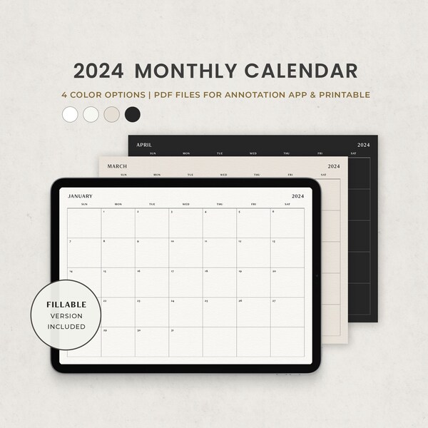 2024 Monatskalender Bearbeitbarer druckbarer Planer, Landschaft Monatsübersicht Digitale Vorlage für Goodnotes auf Ipad, US Letter PDF